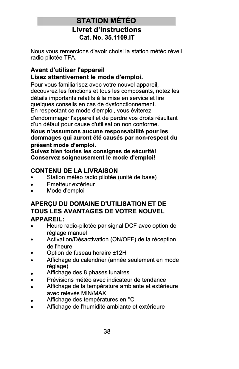 Page 1 de la notice Manuel utilisateur TFA Neo Plus 35.1109