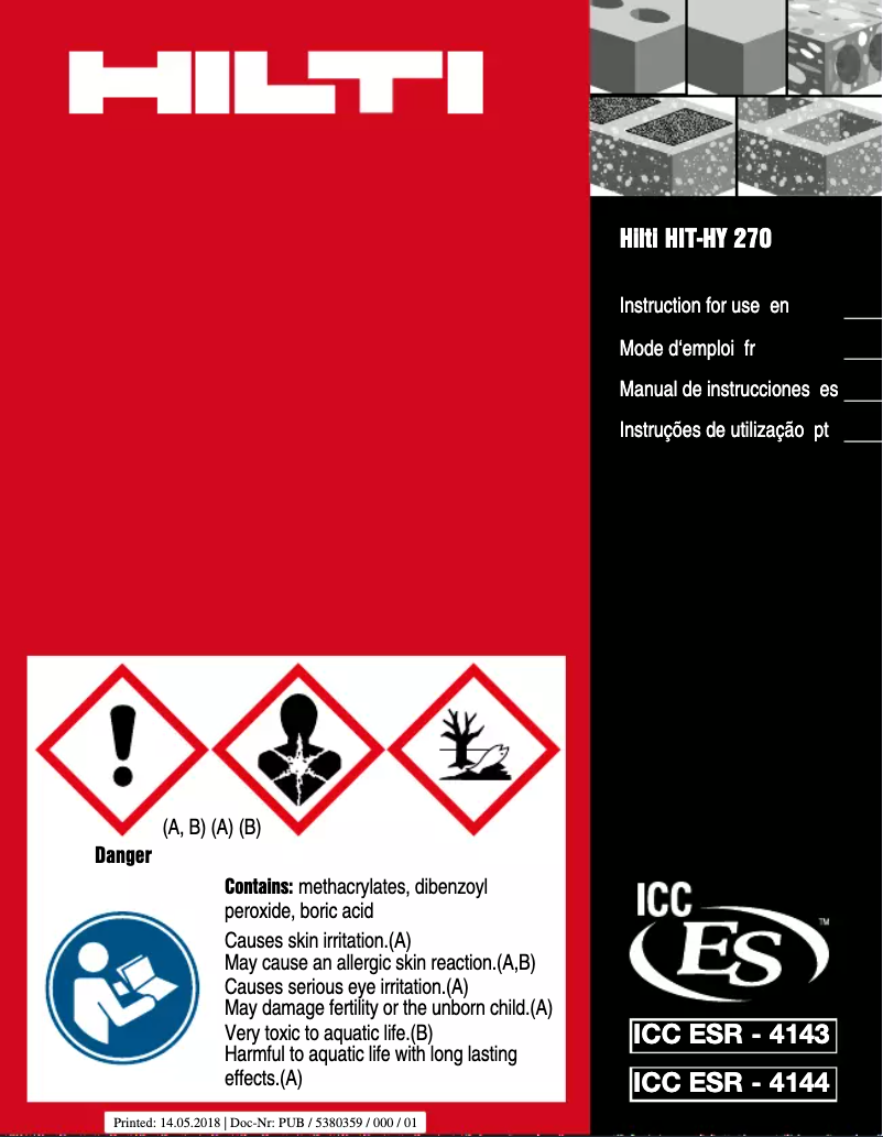 Page 1 de la notice Instructions / montage Hilti HIT-HY 270