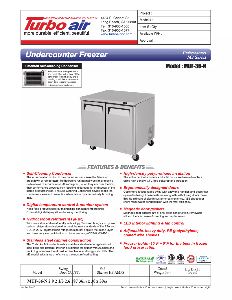 Página 1 del manual Ficha técnica Turbo air MUF-36