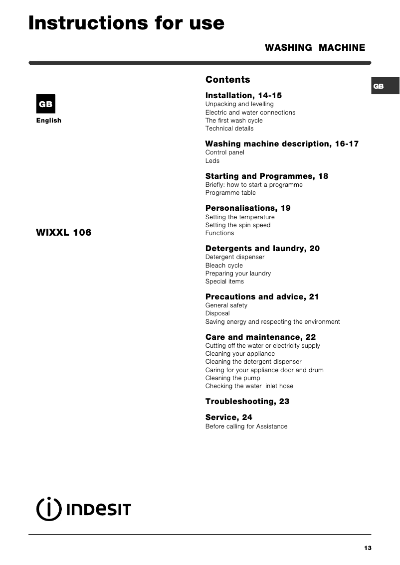 Página 1 del manual Manual de usuario Indesit WIXXL 106