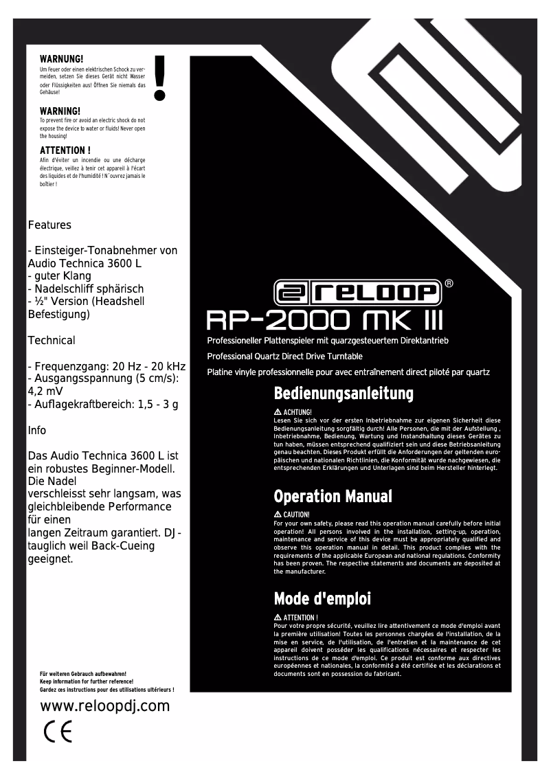 Page 1 de la notice Manuel utilisateur Reloop RP-2000 MK III