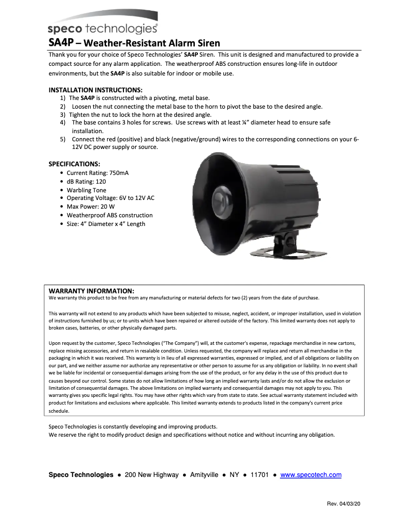 Page 1 de la notice Manuel utilisateur Speco Technologies SA4P