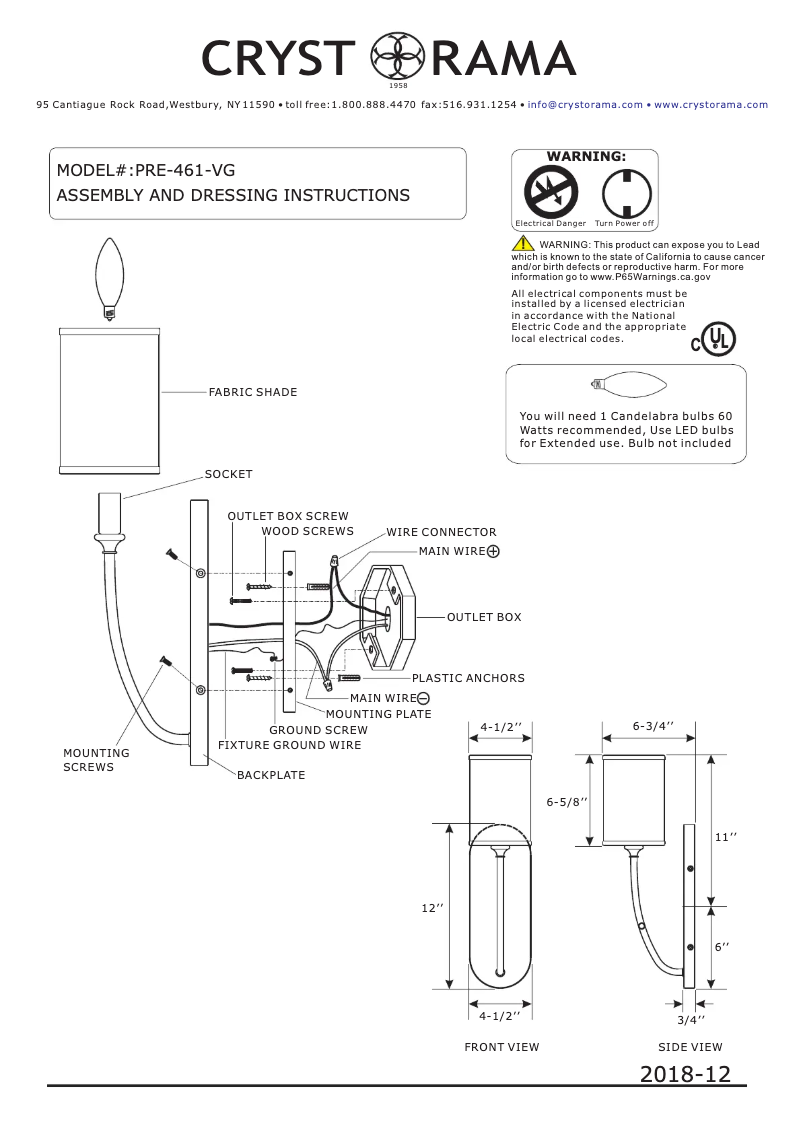 Page 1 de la notice Manuel utilisateur Crystorama Preston PRE-461-VG