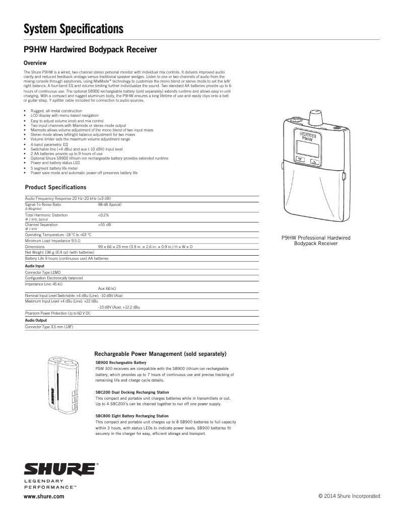 Page 1 de la notice Fiche technique Shure P9HW