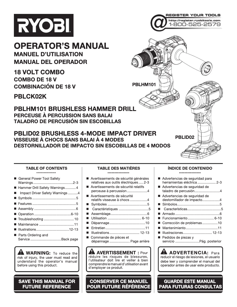 Page 1 de la notice Manuel utilisateur RYOBI One+ PBLCK02K