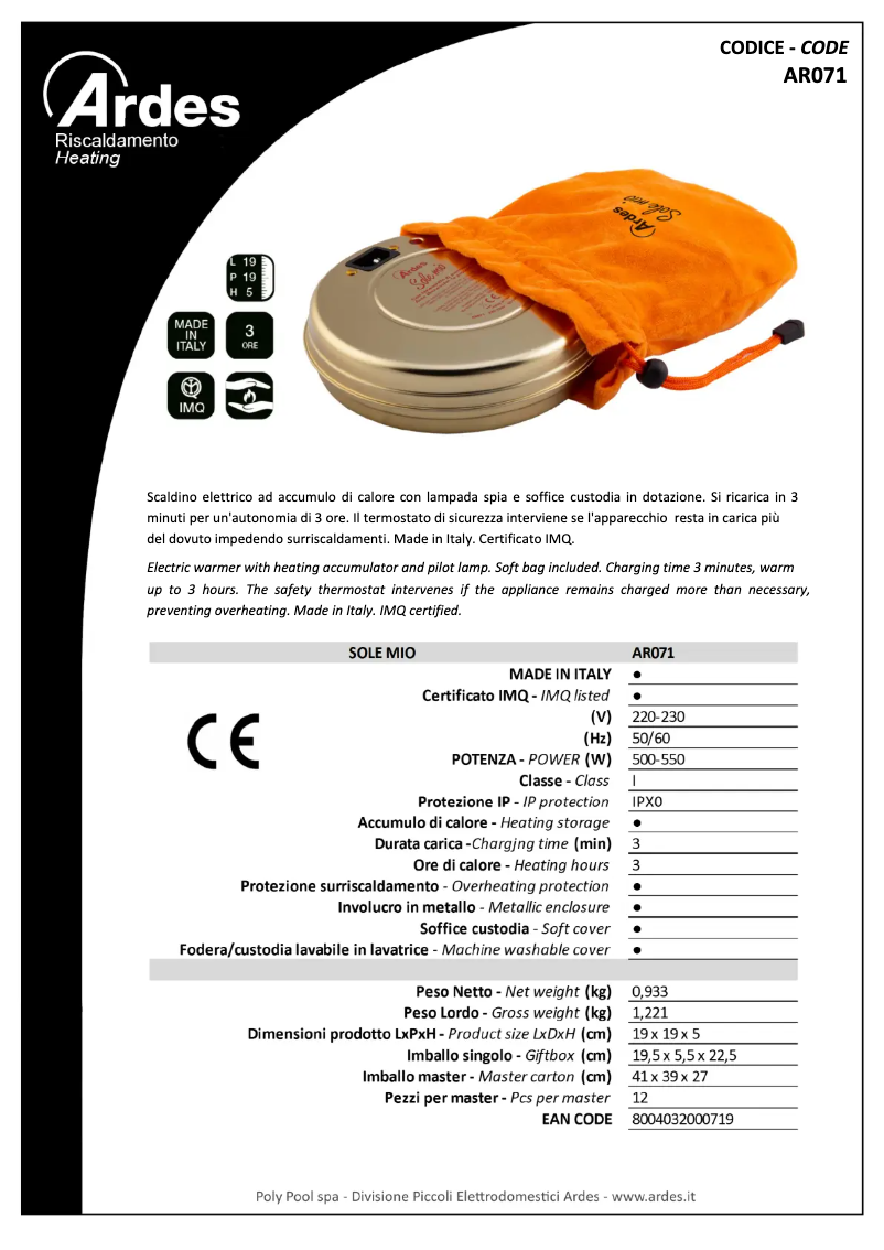 Page 1 de la notice Fiche technique Ardes AR071