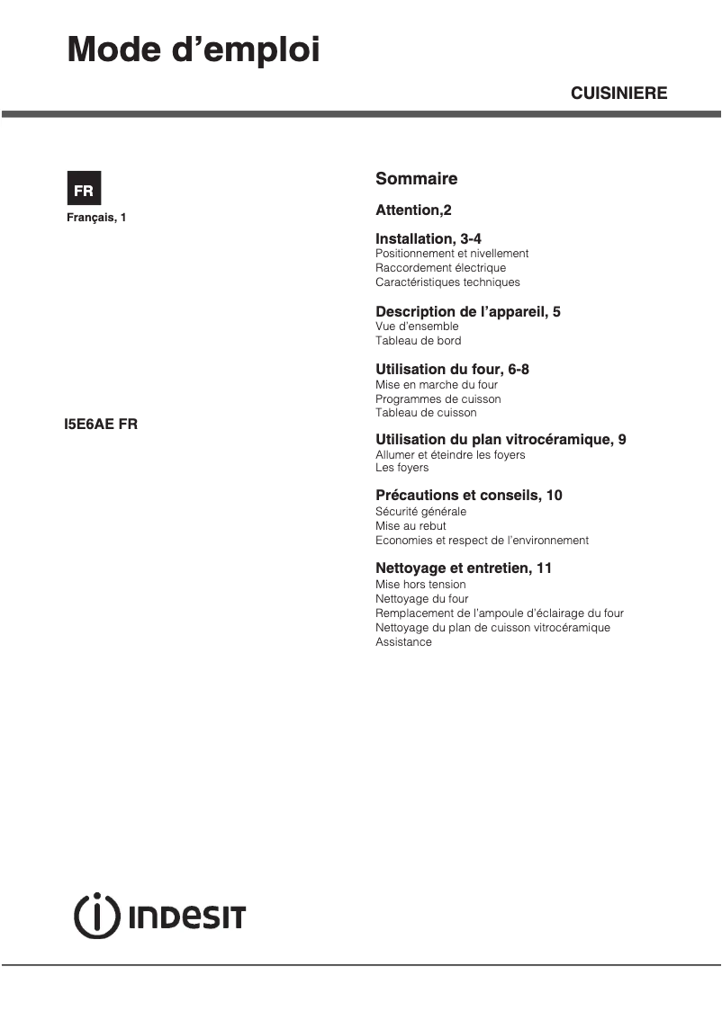Page n°1 - Manuel utilisateur Indesit I5E6AE(W) FR