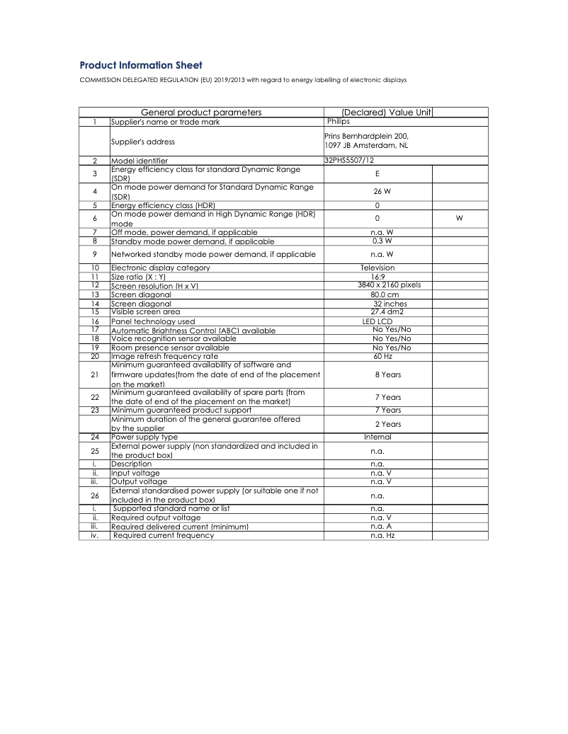 Page 1 of the manual Technical Sheet Philips 32PHS5507
