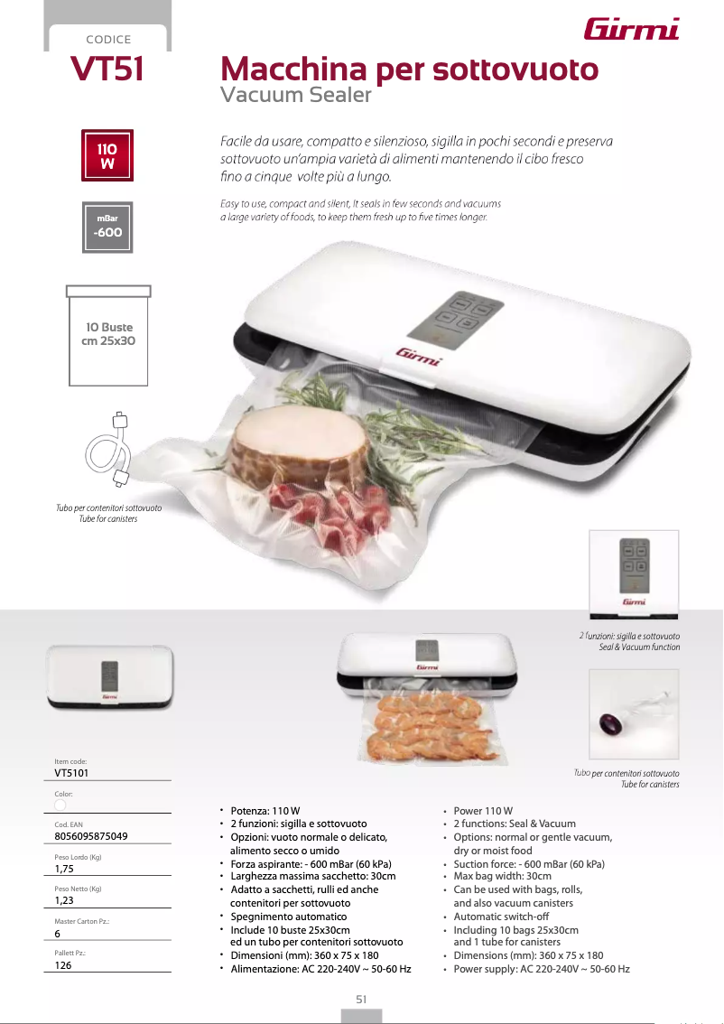 Page 1 de la notice Fiche technique Girmi VT51