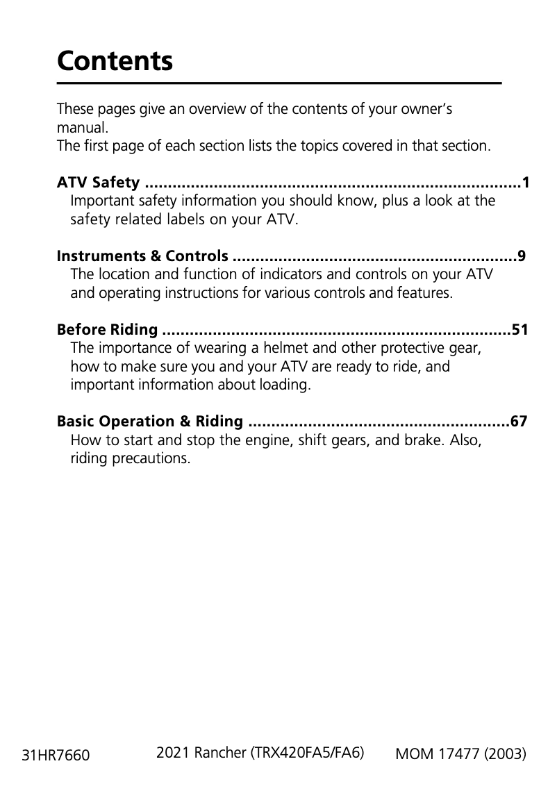 Page 1 de la notice Manuel utilisateur Honda FourTrax Rancher TRX420 (2021)