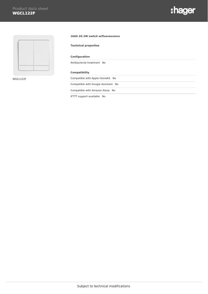 Page 1 de la notice Fiche technique Hager WGCL122F