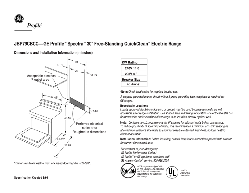 Page n°1 - Fiche technique GE Profile Spectra JBP79CBCC