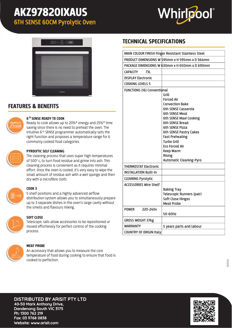 Page 1 of the manual Technical Sheet Whirlpool AKZ97820IXAUS