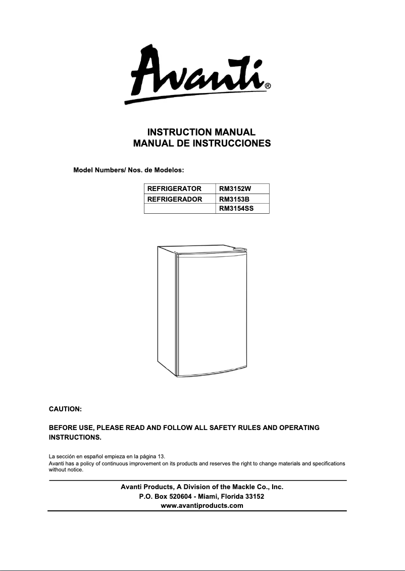 Page 1 de la notice Manuel utilisateur Avanti RM3153B