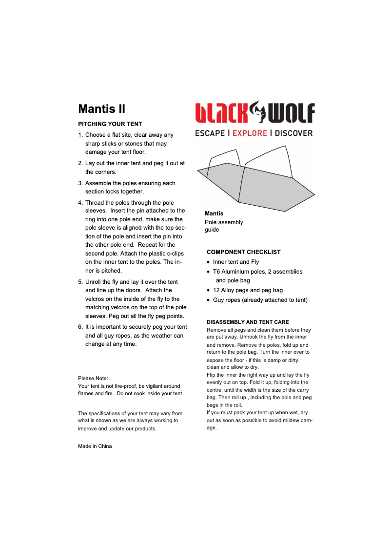 Page 1 de la notice Manuel utilisateur Black Wolf Mantis Ultralight 1