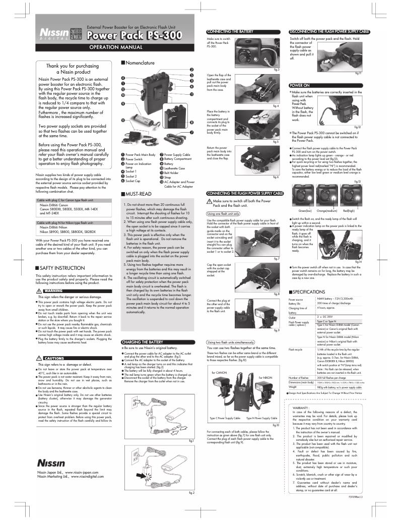 Page 1 de la notice Manuel utilisateur Nissin Power Pack PS300