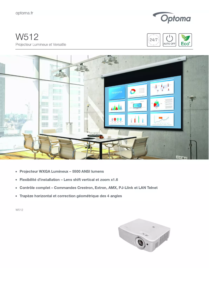 Page 1 de la notice Fiche technique Optoma W512