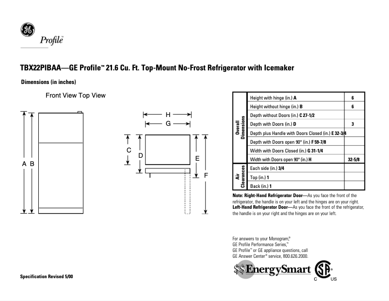 Página 1 del manual Ficha técnica GE Profile TBX22PIBAA