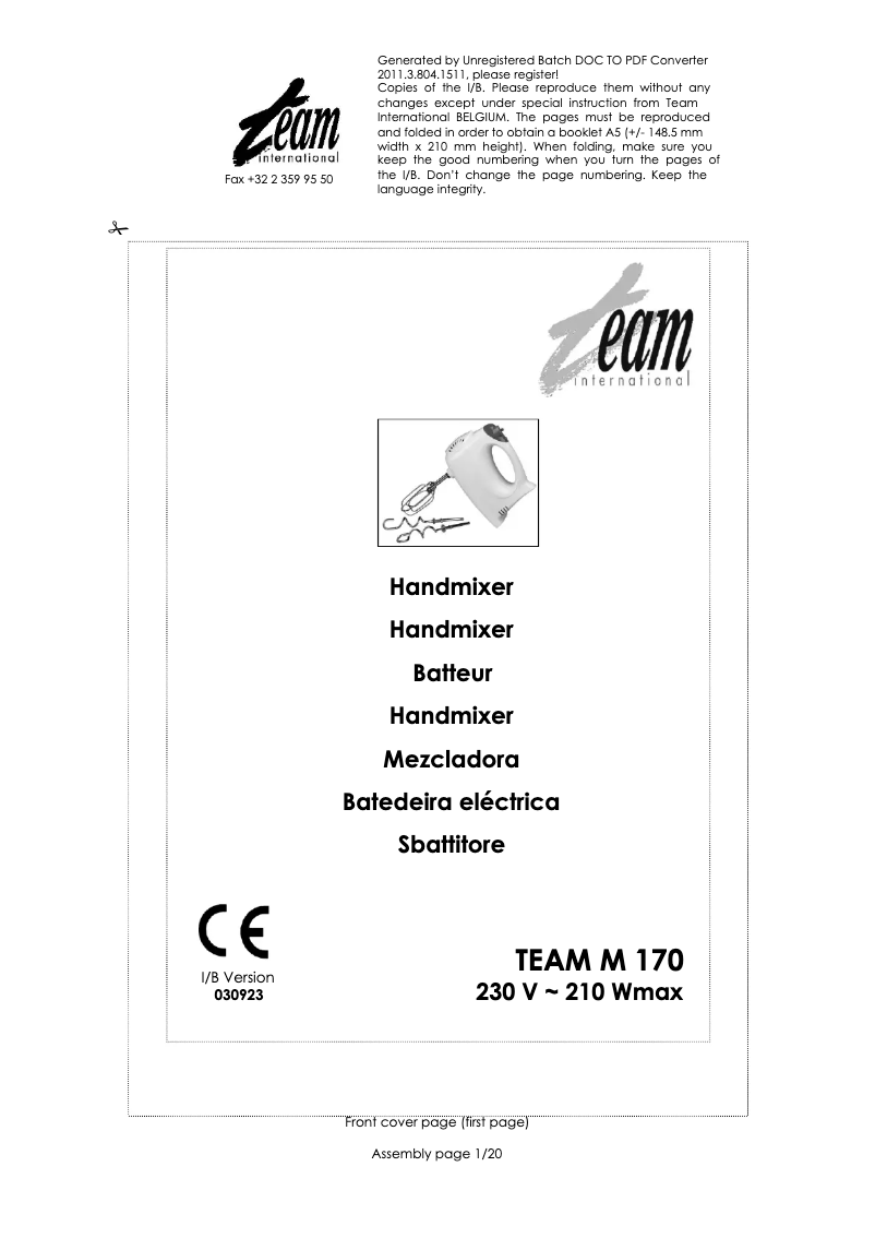 Page 1 de la notice Manuel utilisateur Team M 170