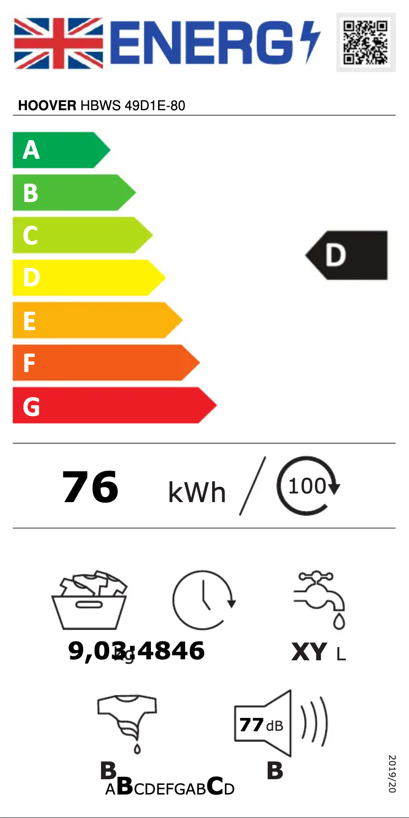 Página 1 del manual Etiqueta energética Hoover H-WASH 300 LITE HBWS 49D1E-80