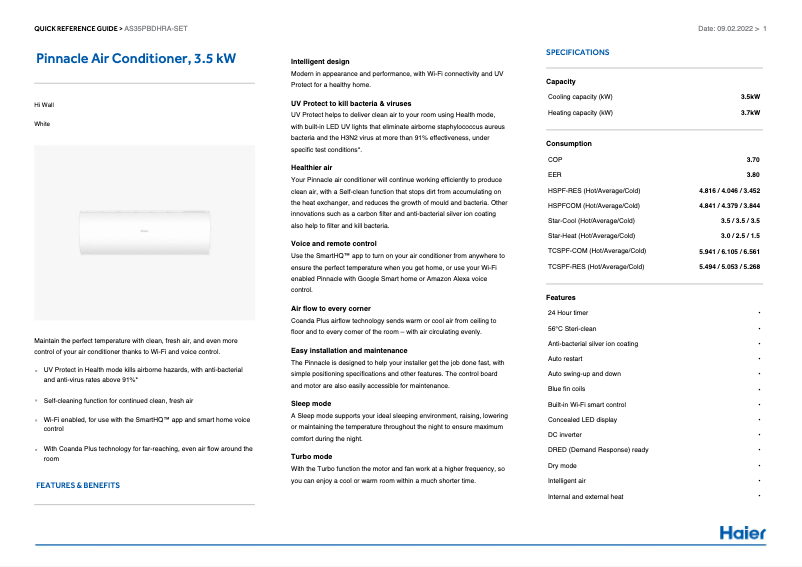 Page 1 de la notice Fiche technique Haier AS35PBDHRA