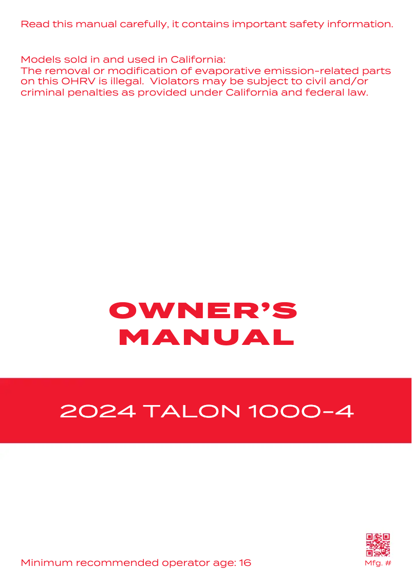 Page 1 de la notice Manuel utilisateur Honda Talon 1000R-4 (2024)