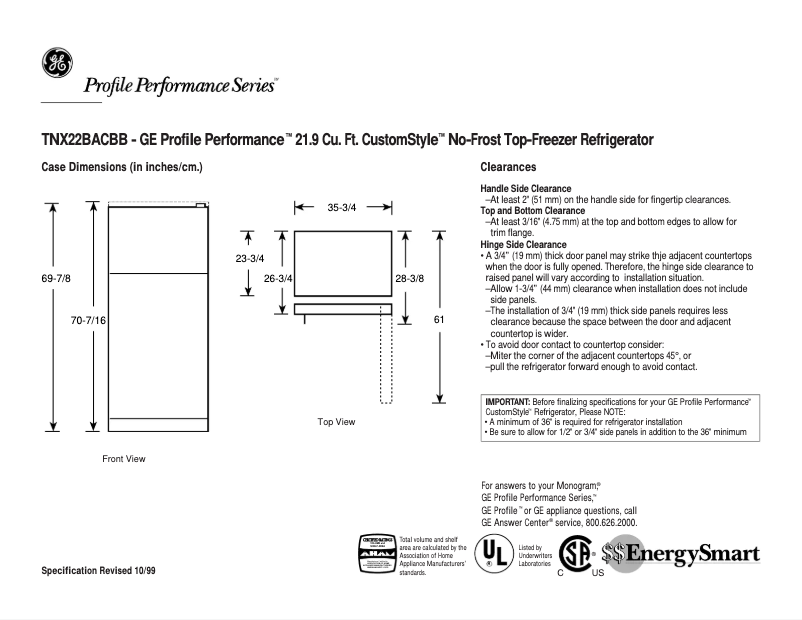 Page 1 de la notice Fiche technique GE Profile Performance TNX22BACRBB