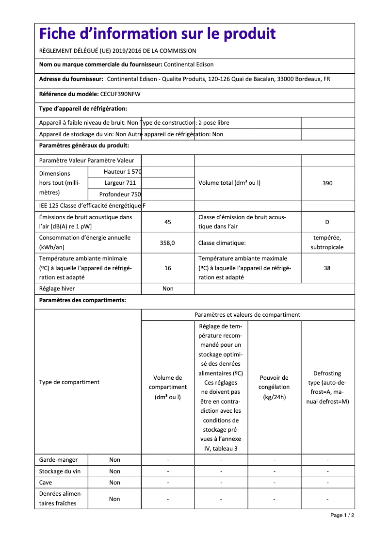 Page 1 de la notice Label énergétique Continental Edison CECUF390NFW