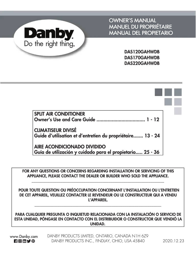 Page 1 de la notice Manuel utilisateur Danby DAS220GAHWDB