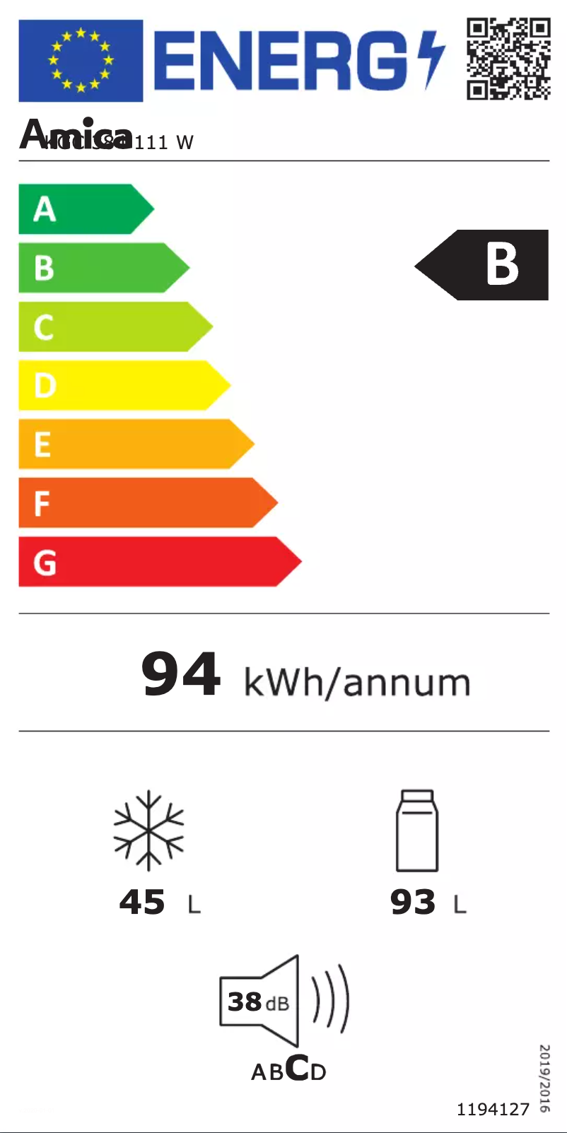 Page 1 de la notice Label énergétique Amica KGC 384 111 W