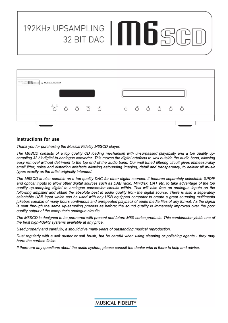 Page 1 de la notice Manuel utilisateur Musical Fidelity M6scd