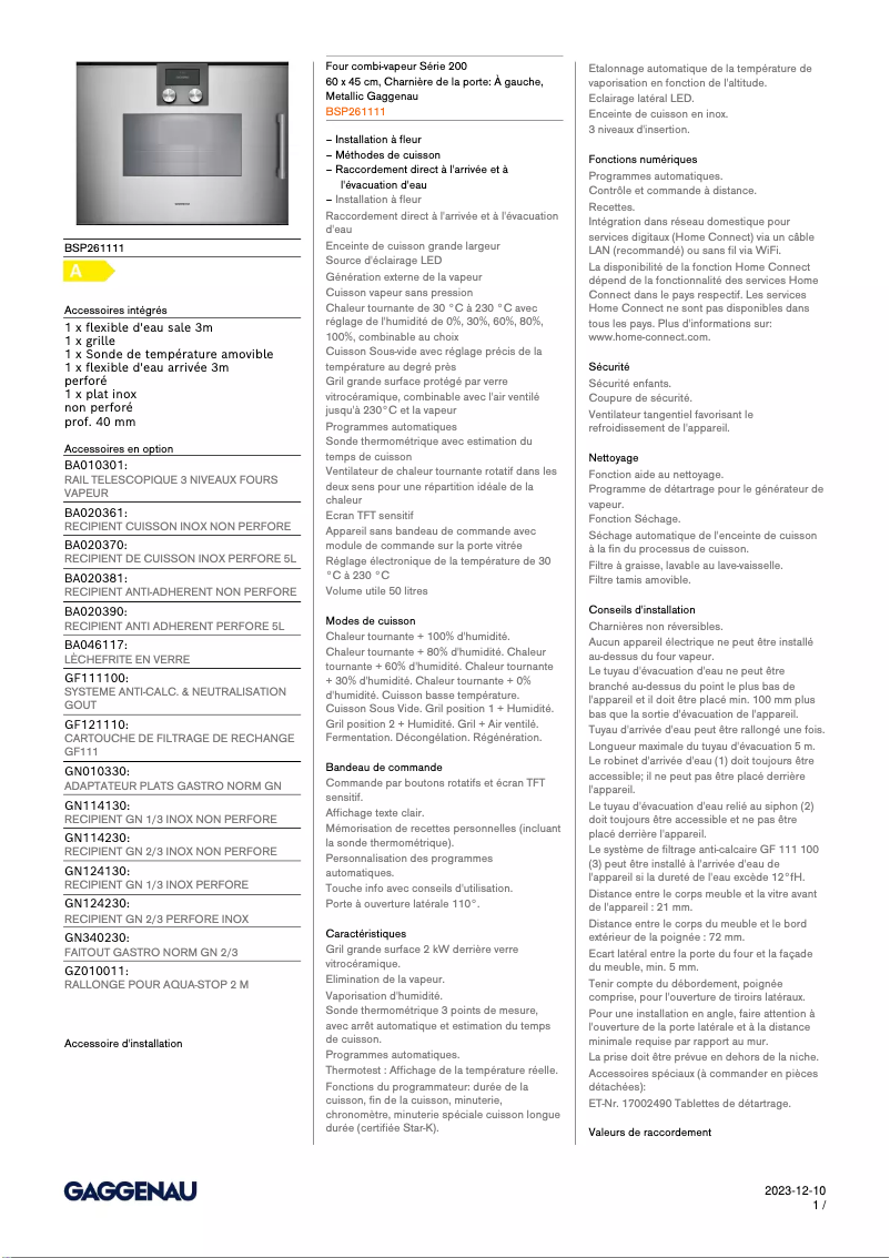 Página 1 del manual Ficha técnica Gaggenau BSP261111