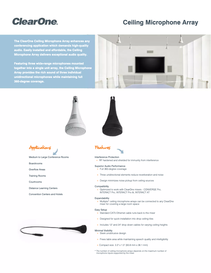 Page 1 de la notice Fiche technique ClearOne Ceiling Microphone Array