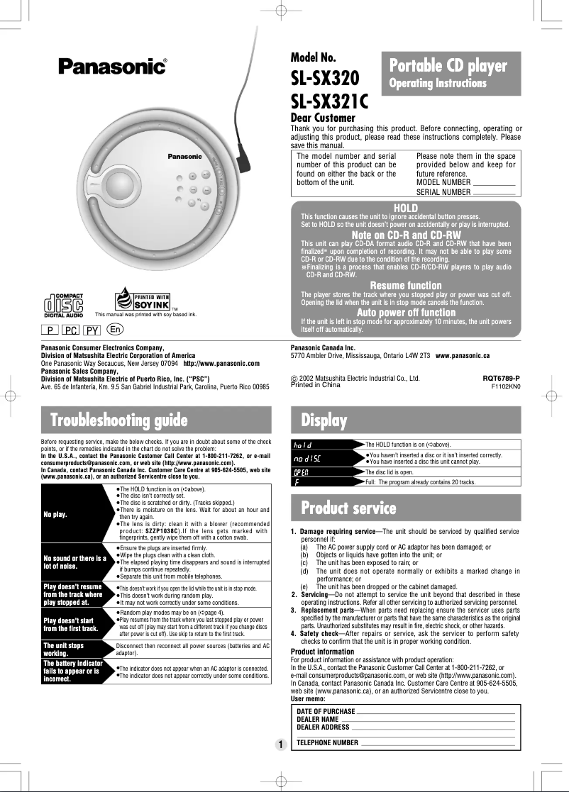 Page 1 de la notice Manuel utilisateur Panasonic SL-SX321P
