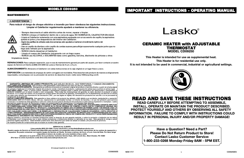 Page 1 de la notice Manuel utilisateur Lasko Ceramic CD09250