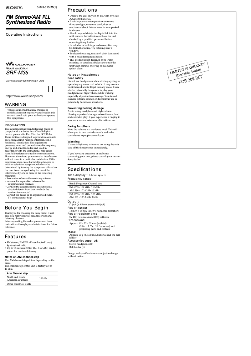 Page 1 of the manual User Manual Sony SRF-M35