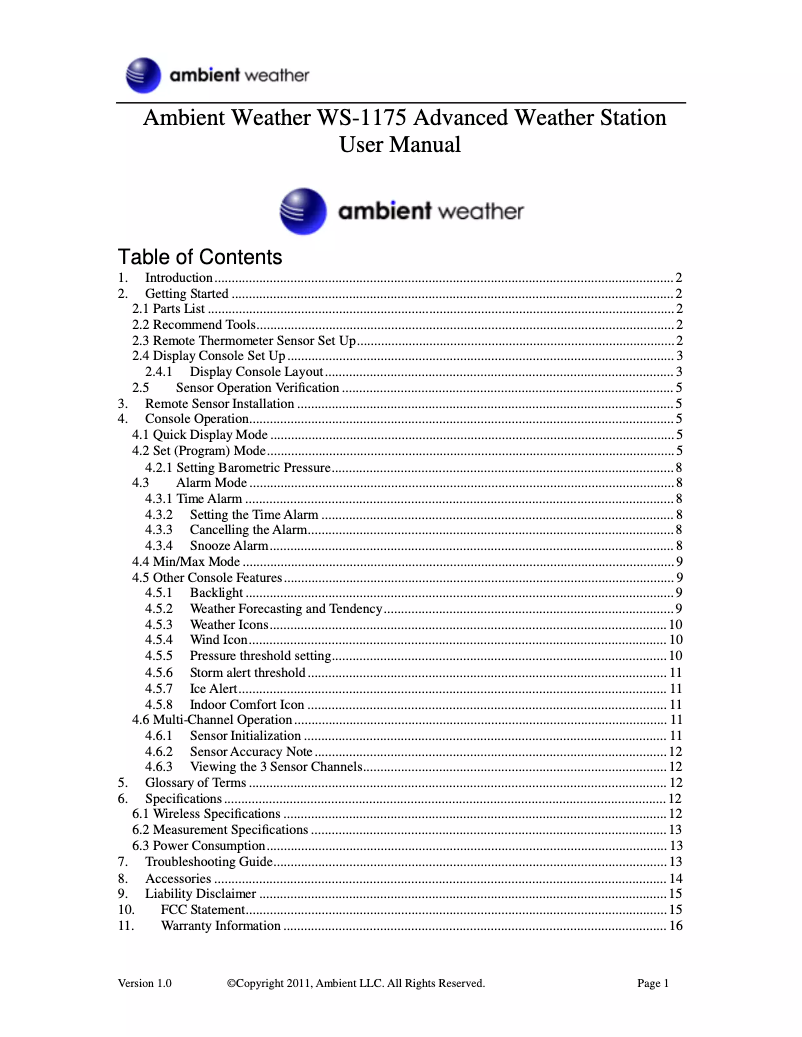 Page 1 de la notice Manuel utilisateur Ambient Weather WS-1175