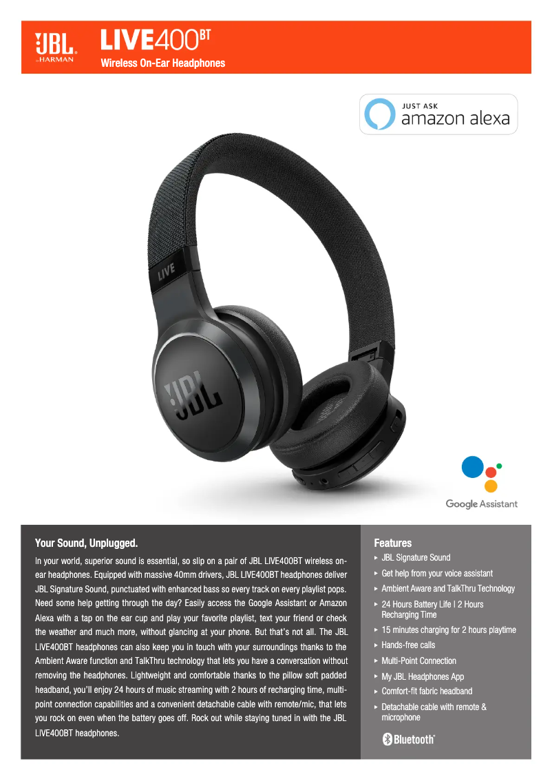 Page 1 de la notice Fiche technique JBL LIVE 500BT