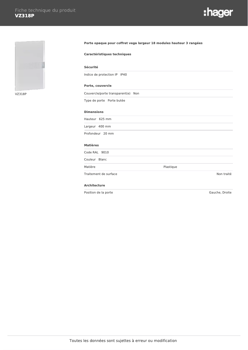 Page 1 of the manual Technical Sheet Hager VZ318P