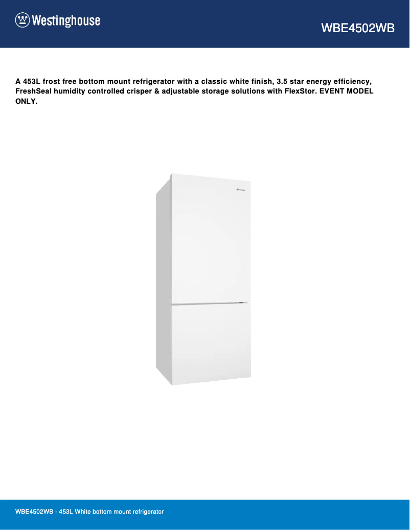 Page 1 de la notice Fiche technique Westinghouse WBE4502WB