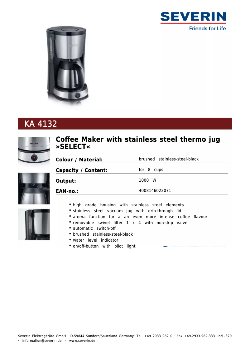 Page 1 de la notice Fiche technique Severin KA 4132