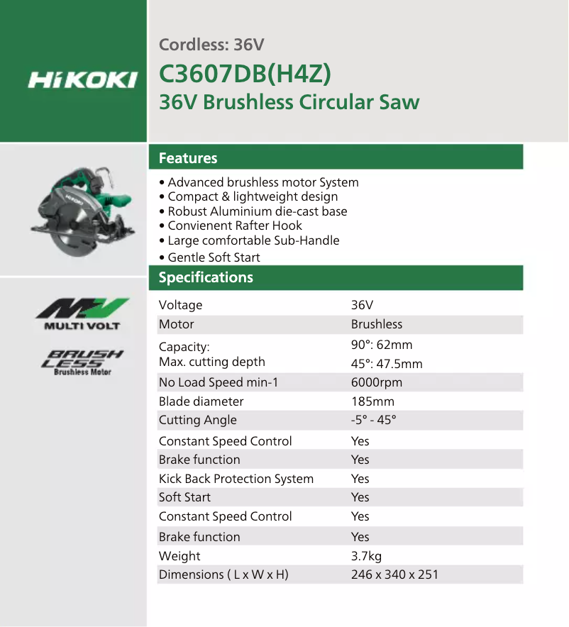 Page 1 de la notice Fiche technique HiKOKI C3607DB
