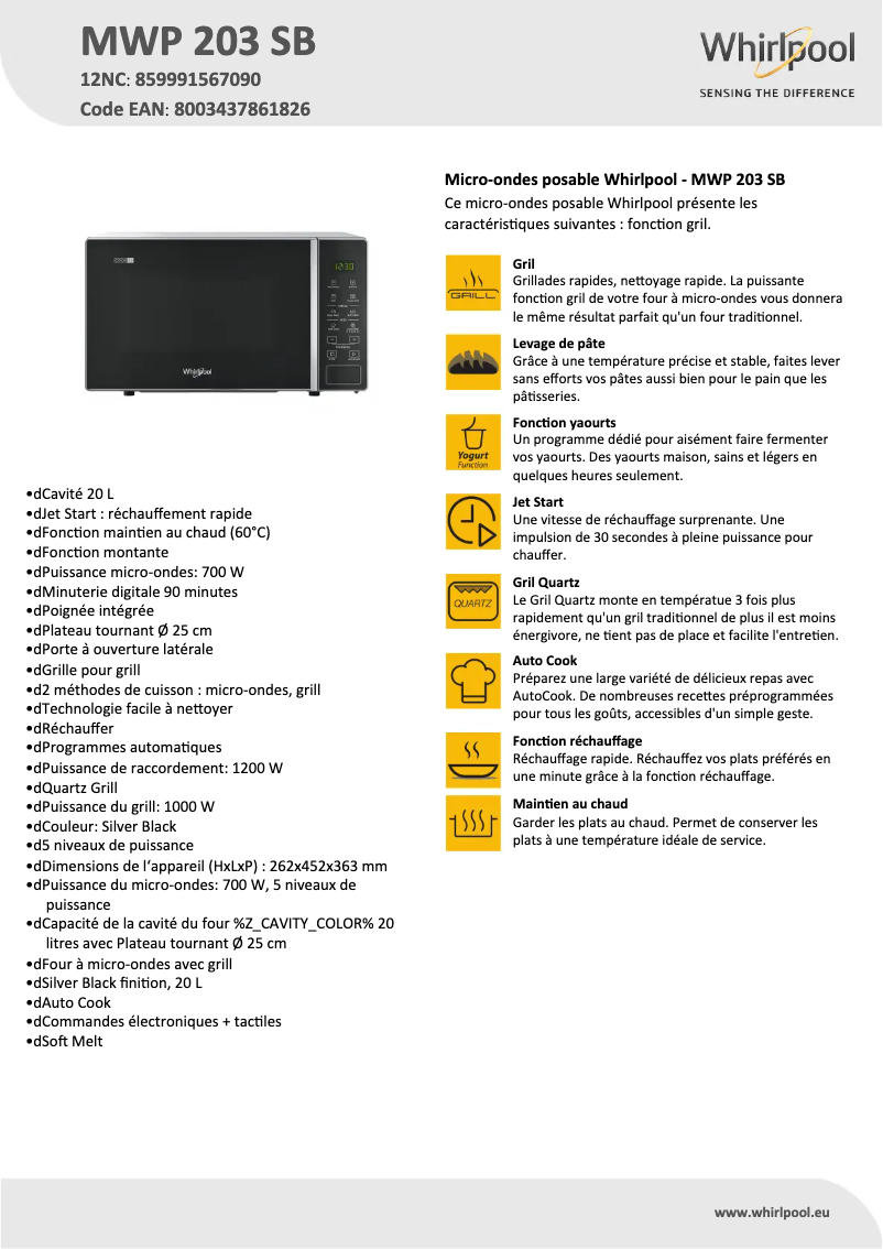 Page 1 de la notice Fiche technique Whirlpool MWP 203 SB