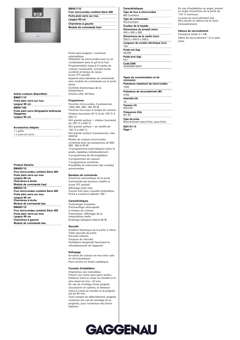 Page 1 de la notice Fiche technique Gaggenau BM451110