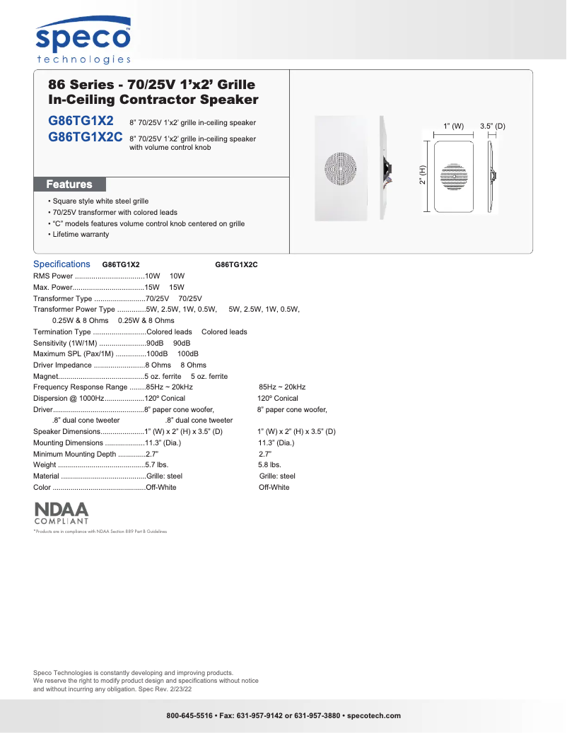 Page 1 de la notice Fiche technique Speco Technologies G86TG1X2