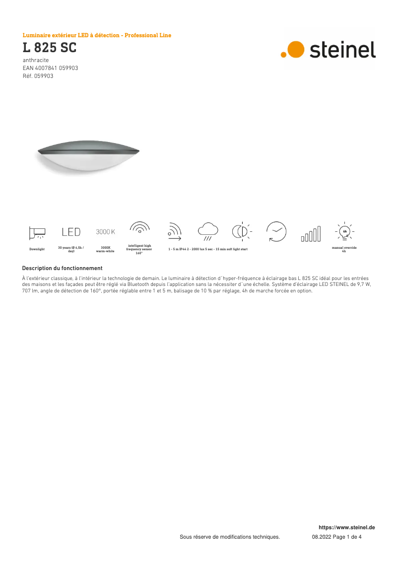 Page 1 de la notice Fiche technique Steinel L 825 SC