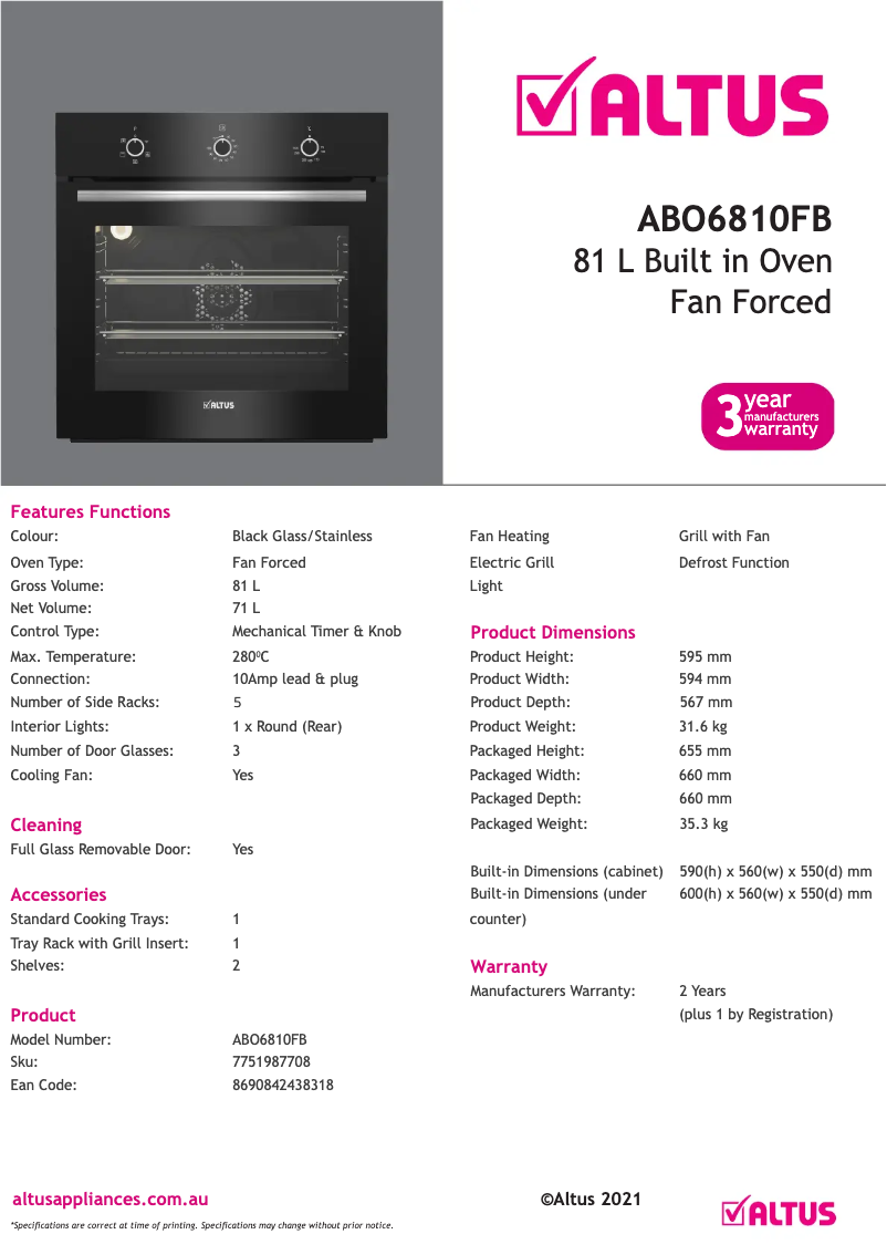 Página 1 del manual Ficha técnica Altus ABO6810FB
