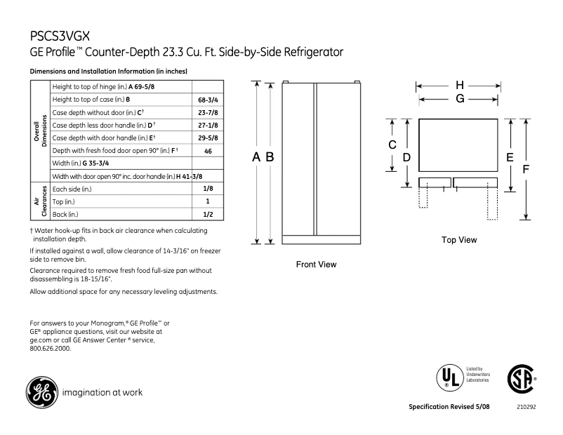 Page 1 de la notice Fiche technique GE Profile PSCS3VGXSS
