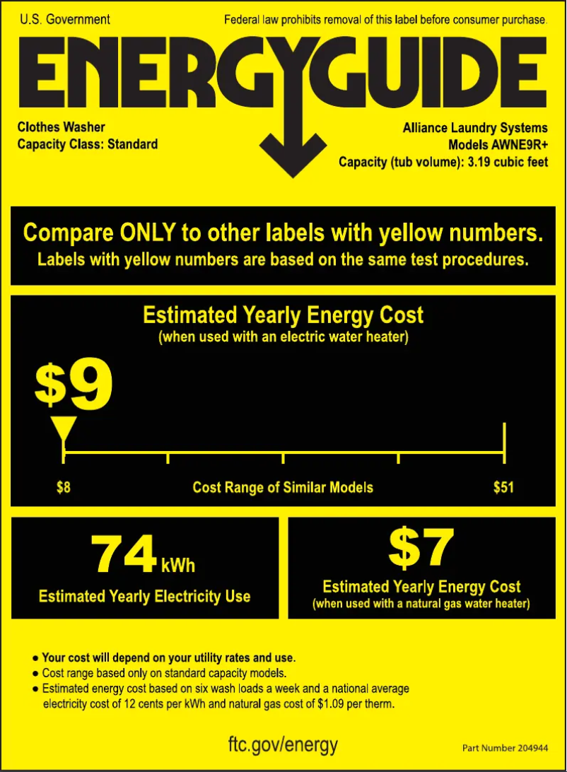 Página 1 del manual Etiqueta energética Speed Queen AWNE9RSN116TW01