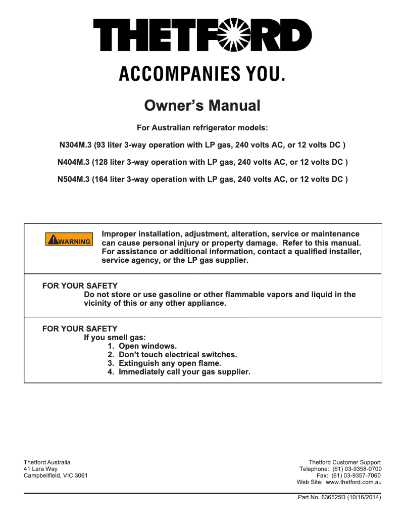 Page 1 de la notice Manuel utilisateur Thetford N404M.3